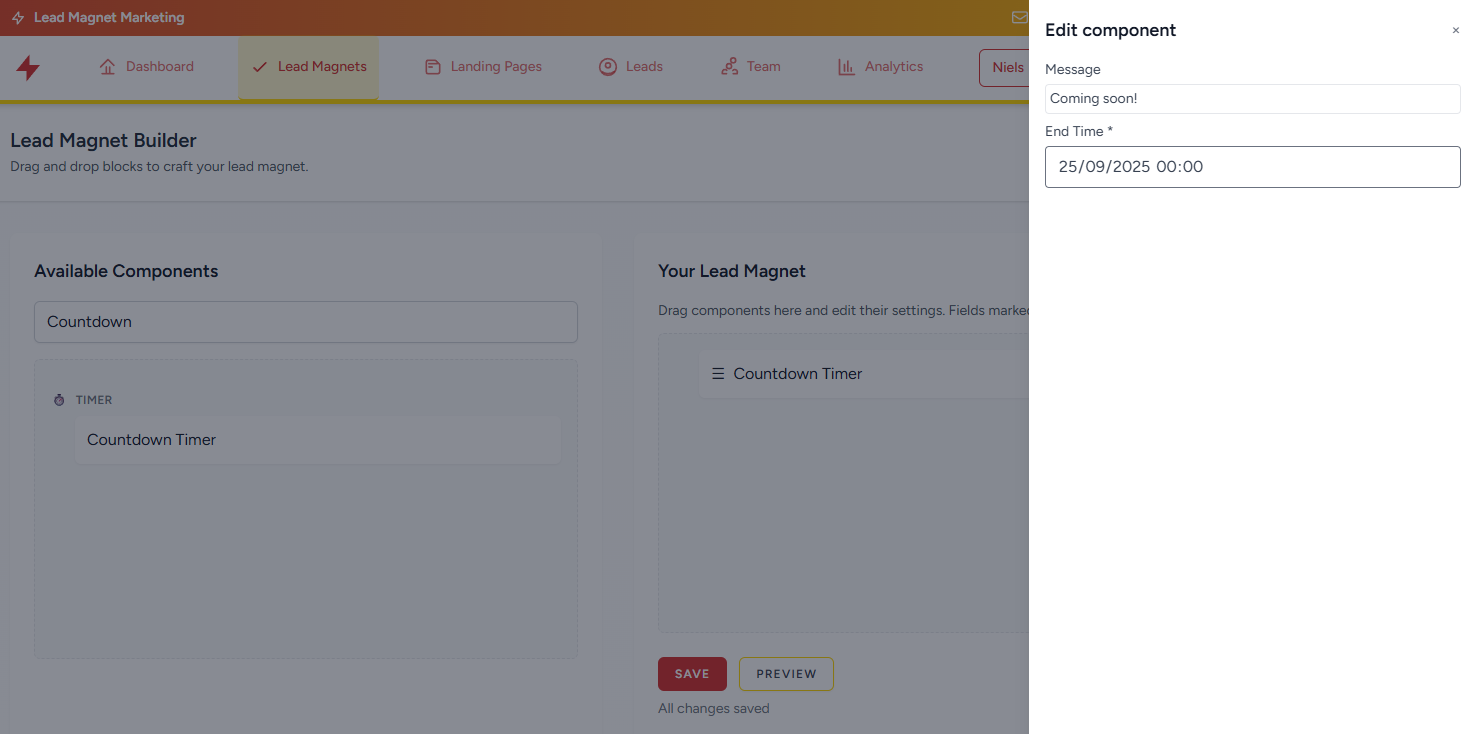 Lead magnet builder component options screenshot